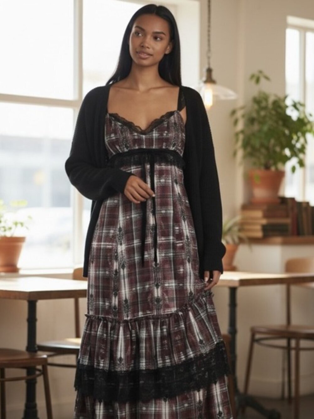 Anthropologie Purple Plaid Lace Trim Midi Dress Medium V Neck Tiered Boho